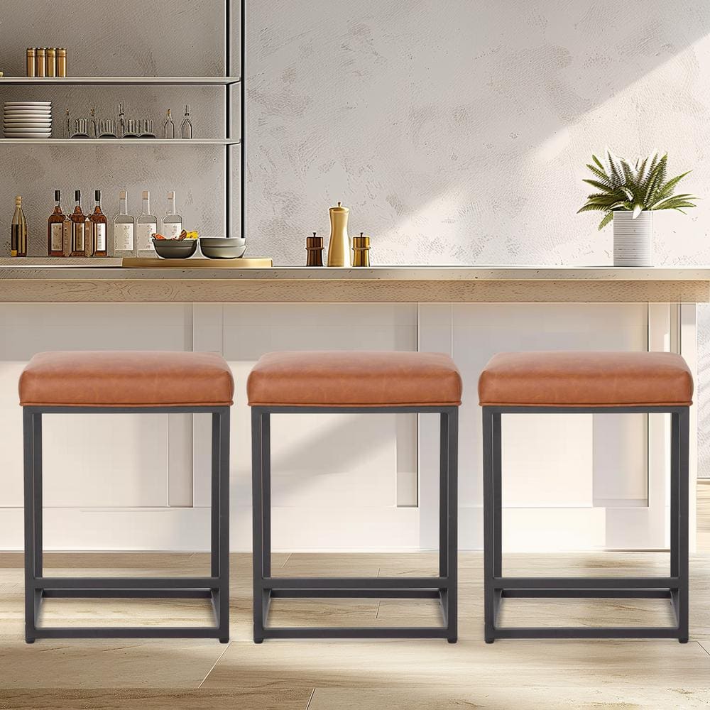 24 in. Brown Faux Leather Rectangular Cushion Backless Bar Stool Metal Steel Frame Base with Footrest (Set-3) price history on PriceWatchPro