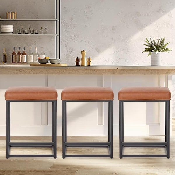 24 in. Brown Faux Leather Rectangular Cushion Backless Bar Stool Metal Steel Frame Base with Footrest (Set-3)