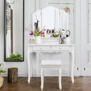 White Vanity Set Tri with Folding Mirror Makeup Table Stool Set 4-Drawer