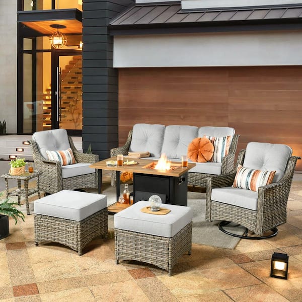 weaxty W Tulip B Gray 7-Piece Wicker Patio Storage Fire Pit Conversation Set with Swivel Rocking Chairs and Gray Cushions