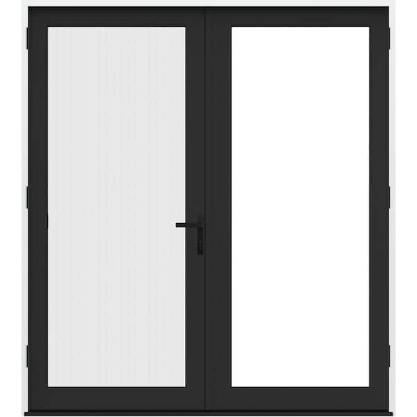 72 in. x 80 in. Right-Hand/Outswing Black Fiberglass French Patio Door w/ Sliding Screen and Black Handle