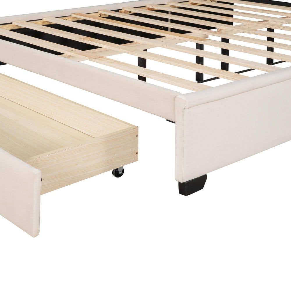 Beige Velvet Upholstered Queen Platform Bed with Storage Drawer