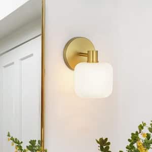 Orin 5 in. 1-Light Brushed Gold Contemporary Wall Sconce with Cylinder Milk White Frosted Glass Shade