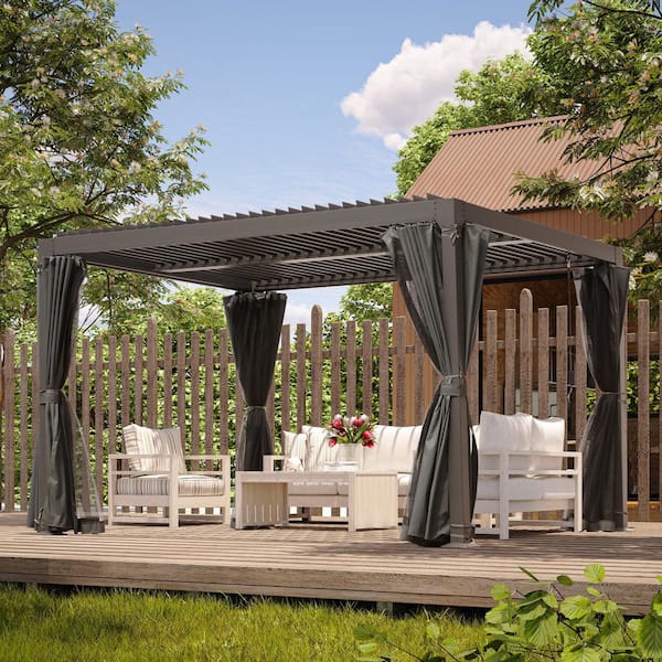 10 ft. x 10 ft. Black Aluminum Outdoor Adjustable Louvered Pergola with Waterproof Roof