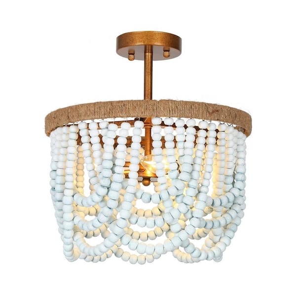 14.5 in. 3-Light Antique Gold Semi-Flush Mount Light with Blue Wood Beads
