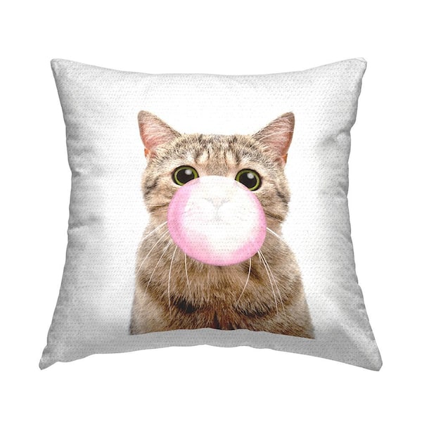 Stupell Industries Tabby Cat Blowing Bubblegum Tan Square Outdoor Throw Pillow