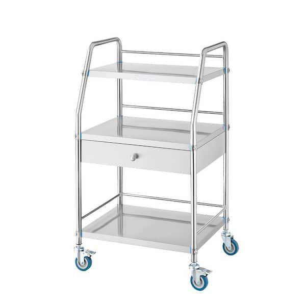 SKYSHALO Service Cart, 3 Layers Stainless Steel Utility Kitchen Cart, Medical Cart with Drawer, Utility Cart Wheels Silver