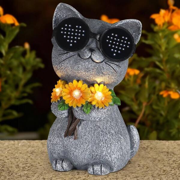 4 in. x 7 in. Gray Resin Solar Garden Statue Cat with Daisy and