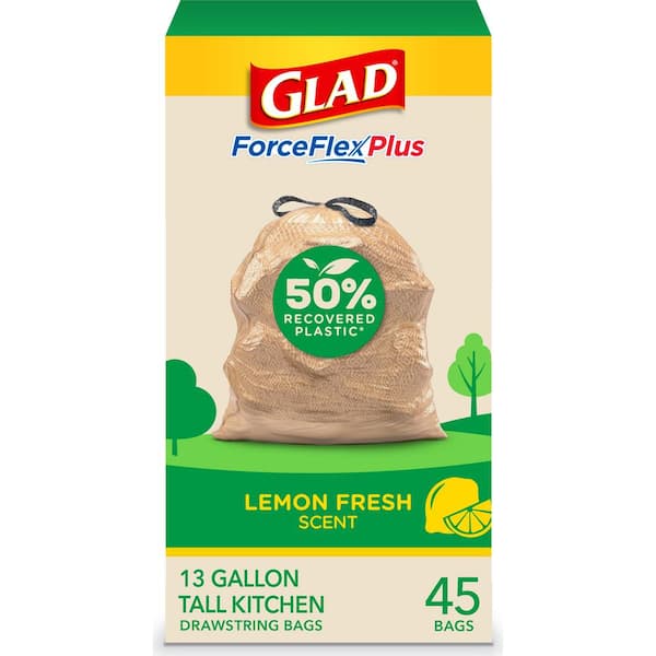 Glad ForceFlexPlus 13 Gal. Tall Kitchen Drawstring Lemon Fresh Scent Trash Bags 50% Recovered Plastic (45-Count)