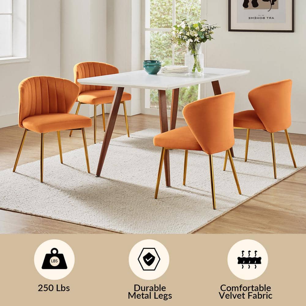 Velvet Upholstered Low Back Side Chair in Orange with Brass Legs, Set of 2