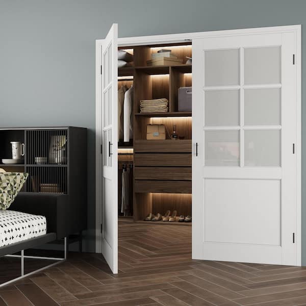 72 in. x 80 in. 6-Lite Frosted Glass Universal White Solid Core Glass Double Prehung French Door+ Quick Jamb&Ball Catch