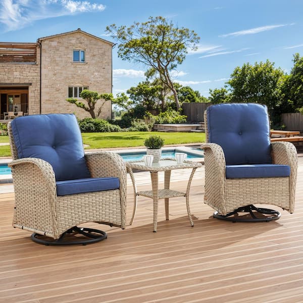 SleekArm Light Beige 3-Piece Wicker Outdoor Rocking Chair Patio Conversation Set with Blue Cushions and Side Table