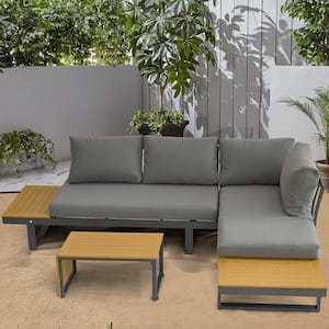 Black 3-Piece 4-Seat Aluminum Outdoor Sectional Set with Gray Cushions and Coffee Table