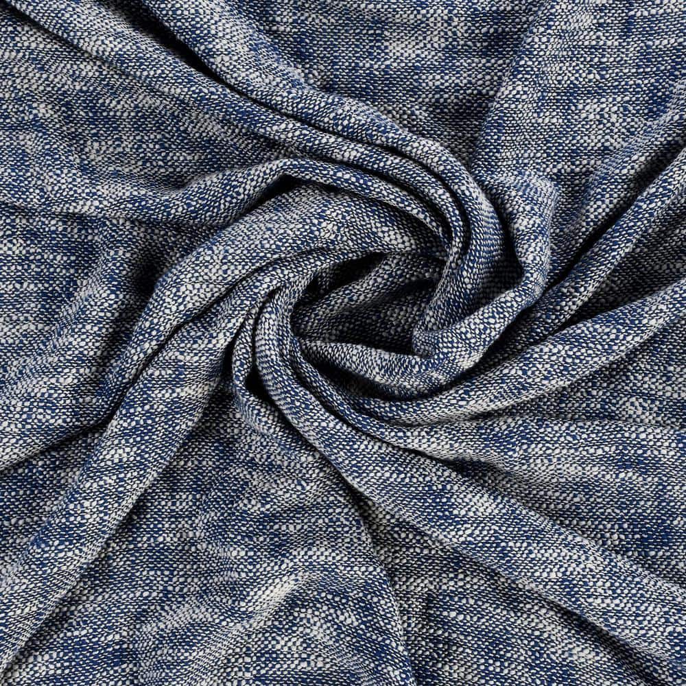 Navy Blue and Off-White Cotton Chambray Throw Blanket with Fringe