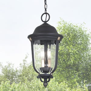 Peale Street 3-Light Sand Black and Vermeil Gold Outdoor Lantern Pendant with Clear Ribbed Glass