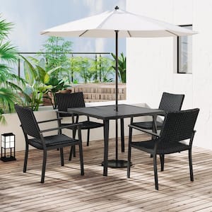 Outdoor Patio PE Wicker 5-Piece Dining Table Set with Umbrella Hole and 4 Dining Chairs