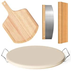 5-Piece 13 in. Round Pizza Stone Set with Pizza Peel, Serving Rack, Pizza Cutter and 10-Piece Cooking Paper