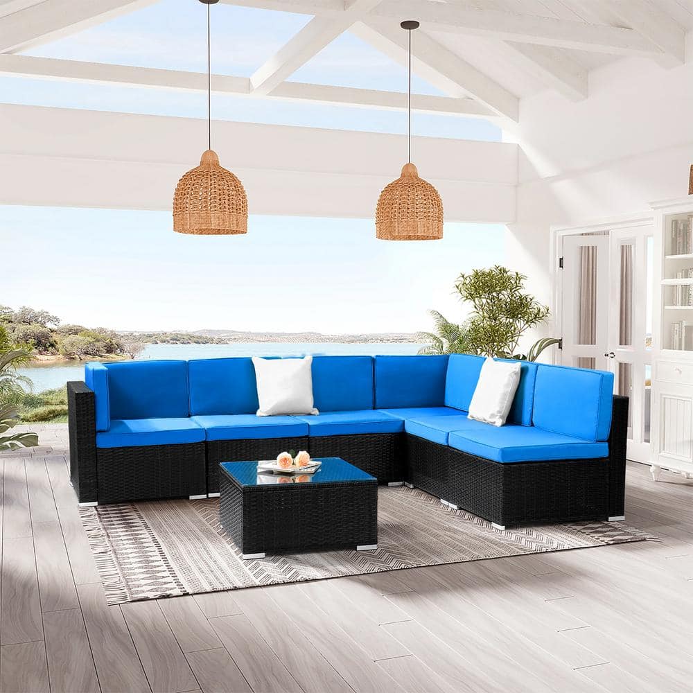 Winado Black Wicker Outdoor Sectional Set with Dark Blue Cushions 985784477883 The Home Depot