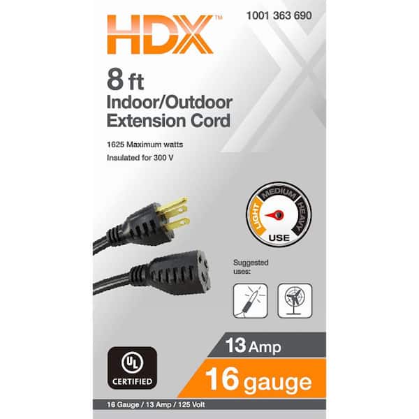 HDX 8 ft. 16/3 Light Duty Indoor/Outdoor Extension Cord, Black EXB-1638 -  The Home Depot