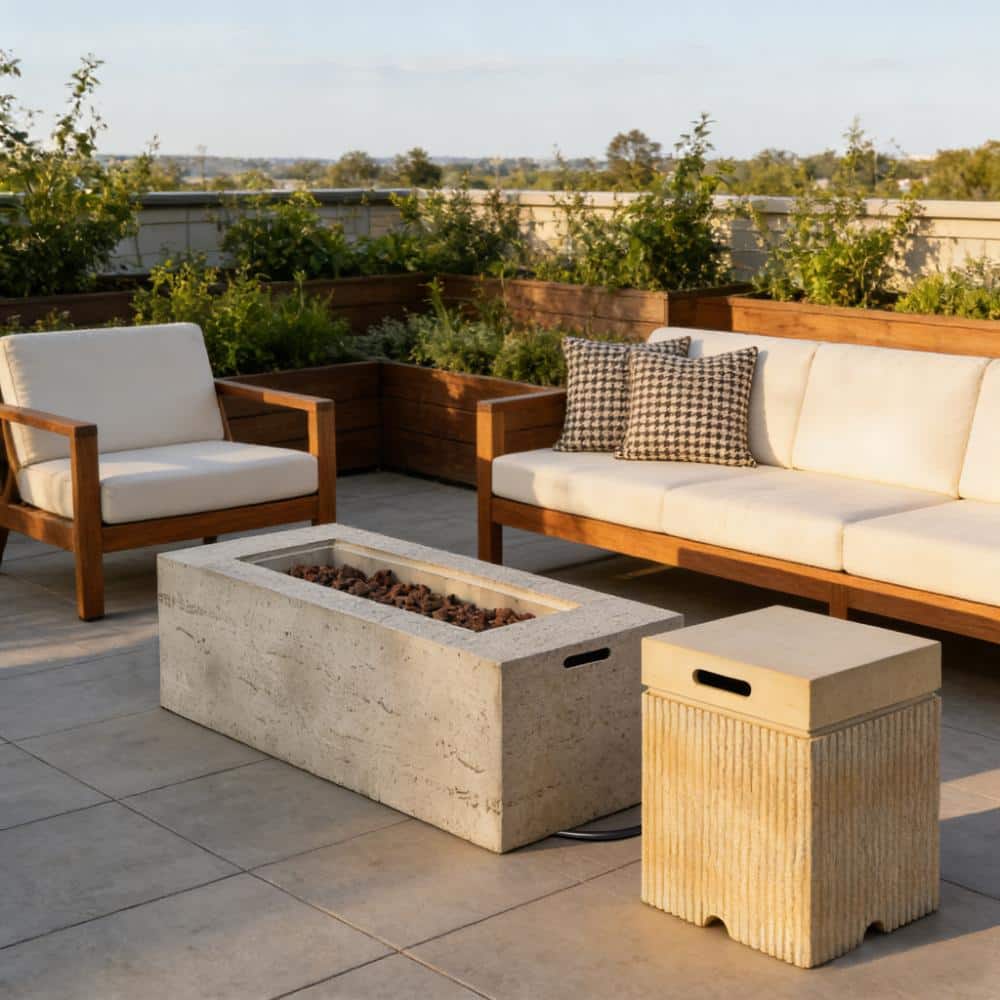 Beige 2-Piece Outdoor Rectanble MGO Propane Fire Pit Set with Light Brown Propane Tank Cover Table and Burner price history on PriceWatchPro