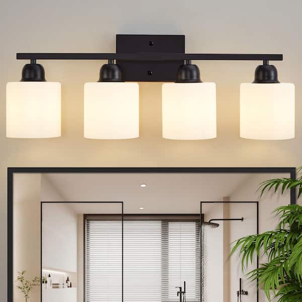 25 in. 4-Light Black Modern Vanity Light Wall Lamp Sconce Over Mirror with Frosted Milky White Glass Shade