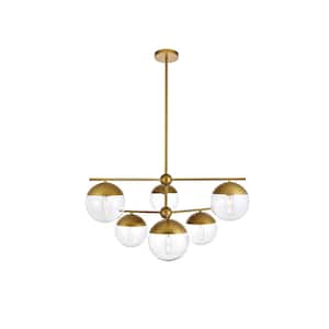 Timeless Home Ellie 6-Light Brass Pendant with 8 in. W x 7.5 in. H Clear Glass Shade