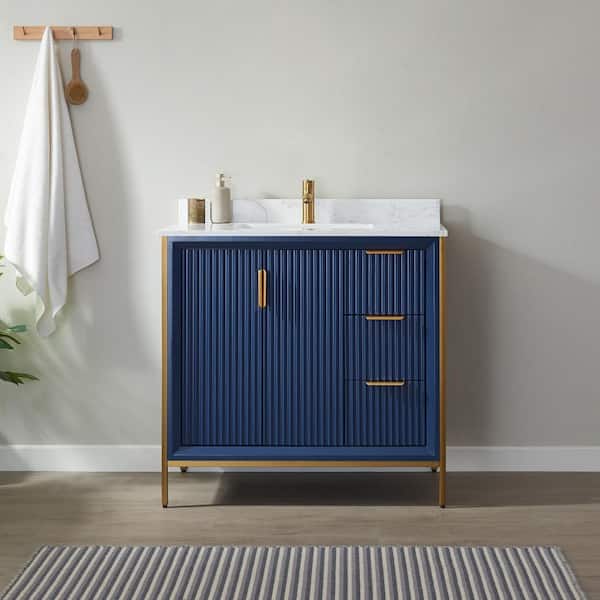 ROSWELL Granada 36 in. W x 22 in. D x 33.8 in. H Bath Vanity in Royal Blue with White Composite Stone Countertop Without Mirror