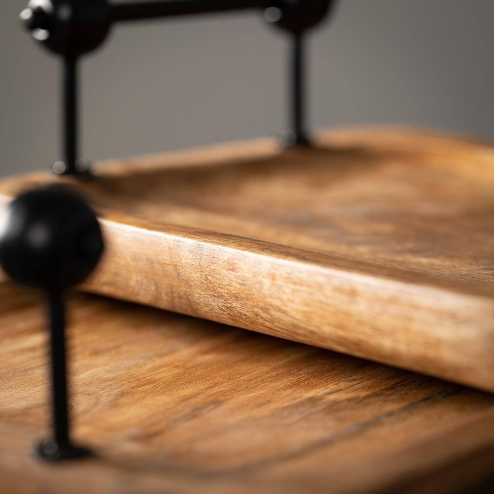 Rustic Brown Wooden Tray Set with Black Metal Handles