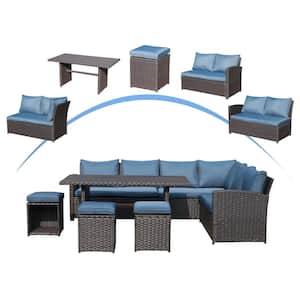 Grey 7-Piece All-Weather Wicker Rattan Outdoor Dining Set with Blue Cushions, 3-Ottoman Chairs for Garden, Poolside