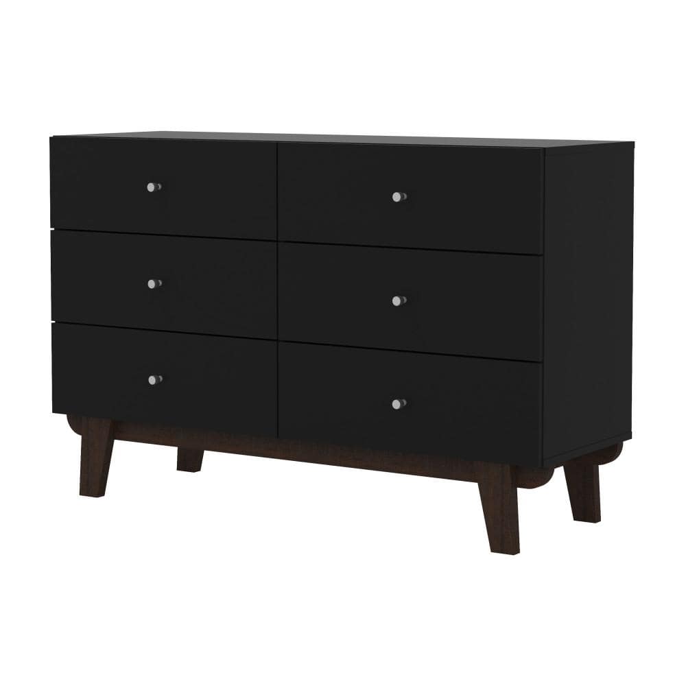 Matte Black Mid-Century Modern 6-Drawer Wood Dresser