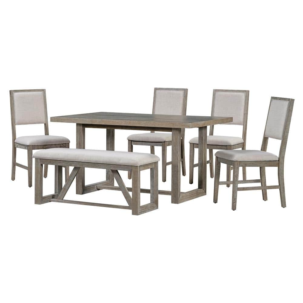6 Piece Gray Wood Top Dining Table Set with Bench, Distressed Finish Trestle Base for Kitchen & Dining Room Seats 6 price history on PriceWatchPro