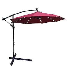 10 ft Burgundy Outdoor Patio Umbrella Solar Powered LED Lighted Sun Shade Market Waterproof with Crank and Cross Base