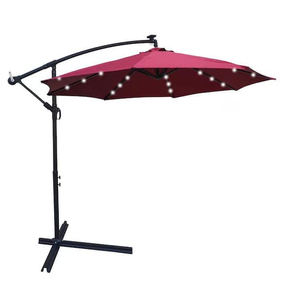 Sireck 10 ft Burgundy Outdoor Patio Umbrella Solar Powered LED Lighted Sun Shade Market Waterproof with Crank and Cross Base