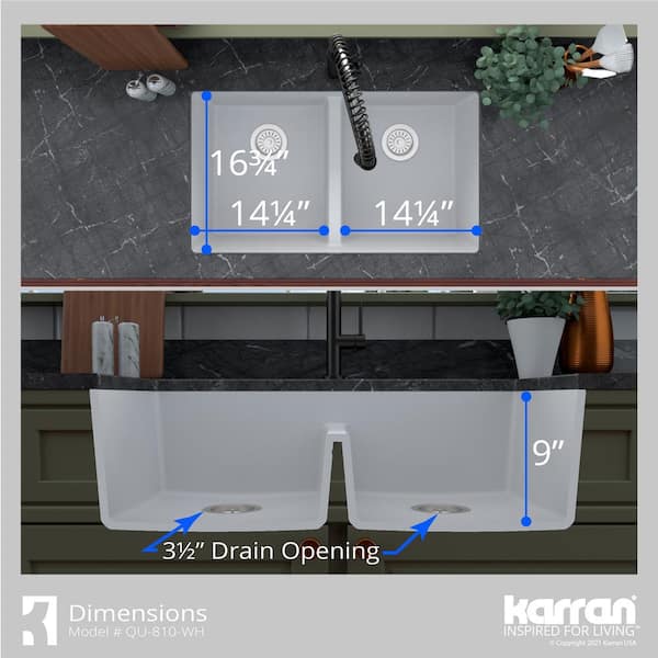 Karran QU-810 PK1 32 inch Undermount Double Bowl 50/50 Quartz Kitchen Sink Kit in White