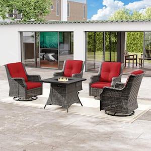 5-Piece Wicker Outdoor Fire Pit Patio Swivel Rocking Chair Set with Red Cushions and Rectangular Fire Pit Table