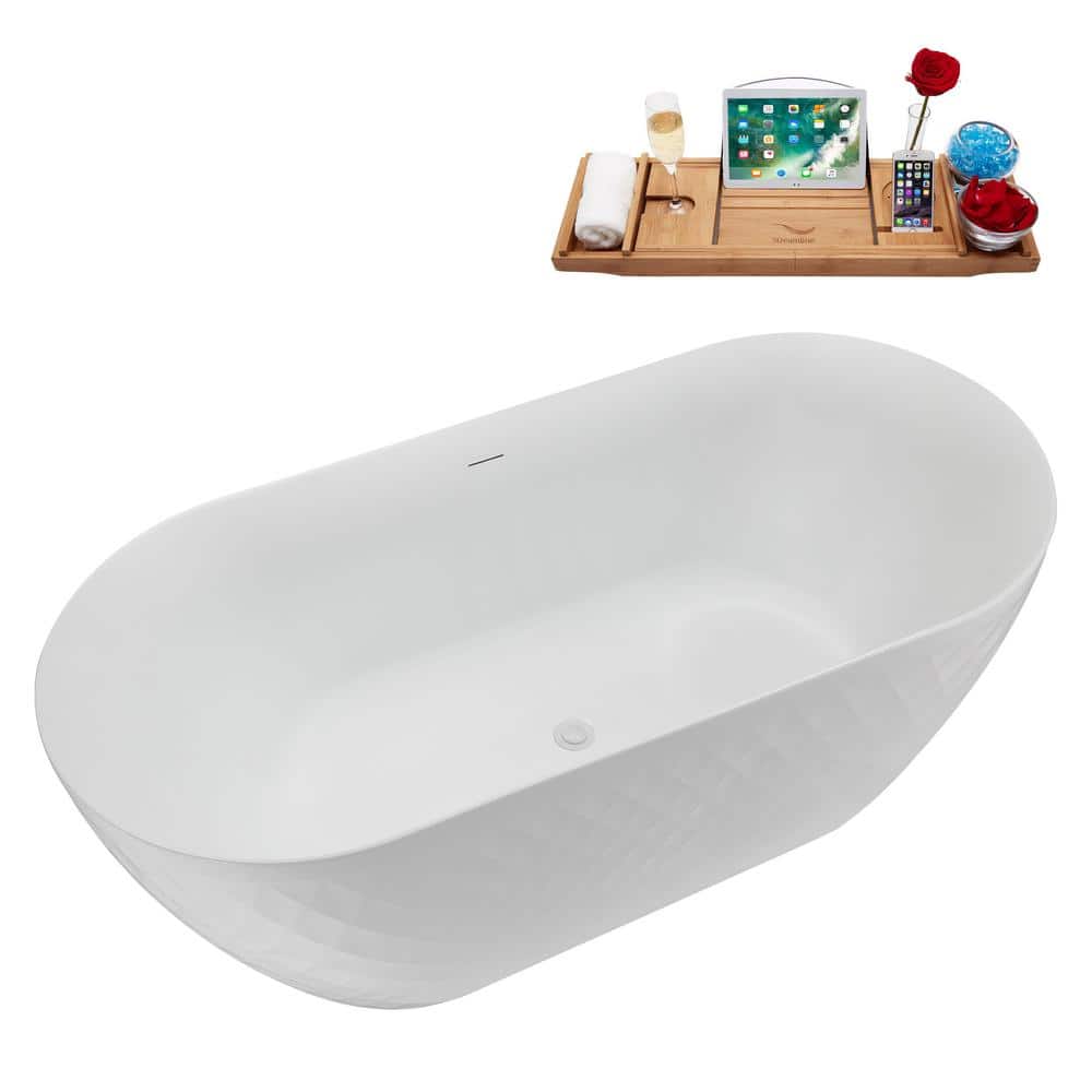 59" Glossy White Acrylic Freestanding Soaking Tub with Tray