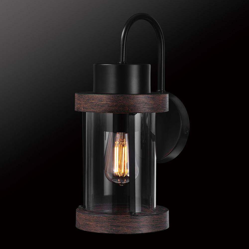 Globe Electric 1-Light Matte Black Outdoor Hardwired Wall Sconce with Clear Glass Shade and Faux Wood Accents