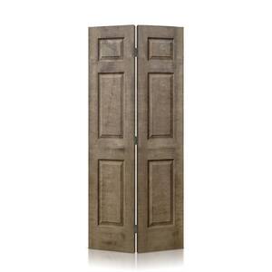 36 in. x 84 in. 6 Panel Hollow Core Vintage Brown Stain MDF Composite Bi-Fold Closet Door with Hardware Kit