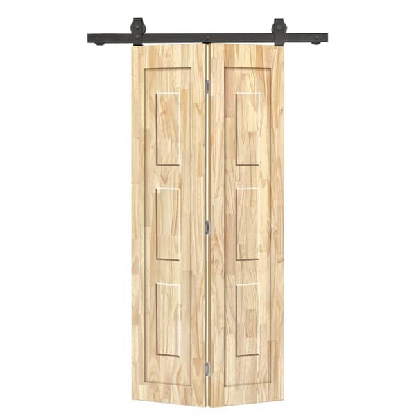 38 in. x 80 in. 3-Panel Shaker Hollow Core Unfinished Pine Wood Bi-fold Door with Sliding Barn Door Hardware Kit