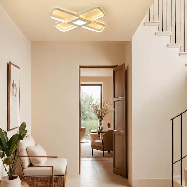 TOZING 25 in. Modern Rectangle White Dimmable Integrated LED Novel Geometric Overlay Flush Mount Ceiling Light with Remote