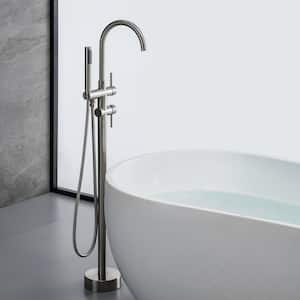 2-Handle Freestanding Floor Mount Tub Faucet with Hand Shower in Brushed Nickel