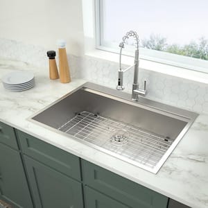 30 in. Drop-In Single Bowl 18 -Gauge Brushed Nickel Stainless Steel Kitchen Sink with Workstation