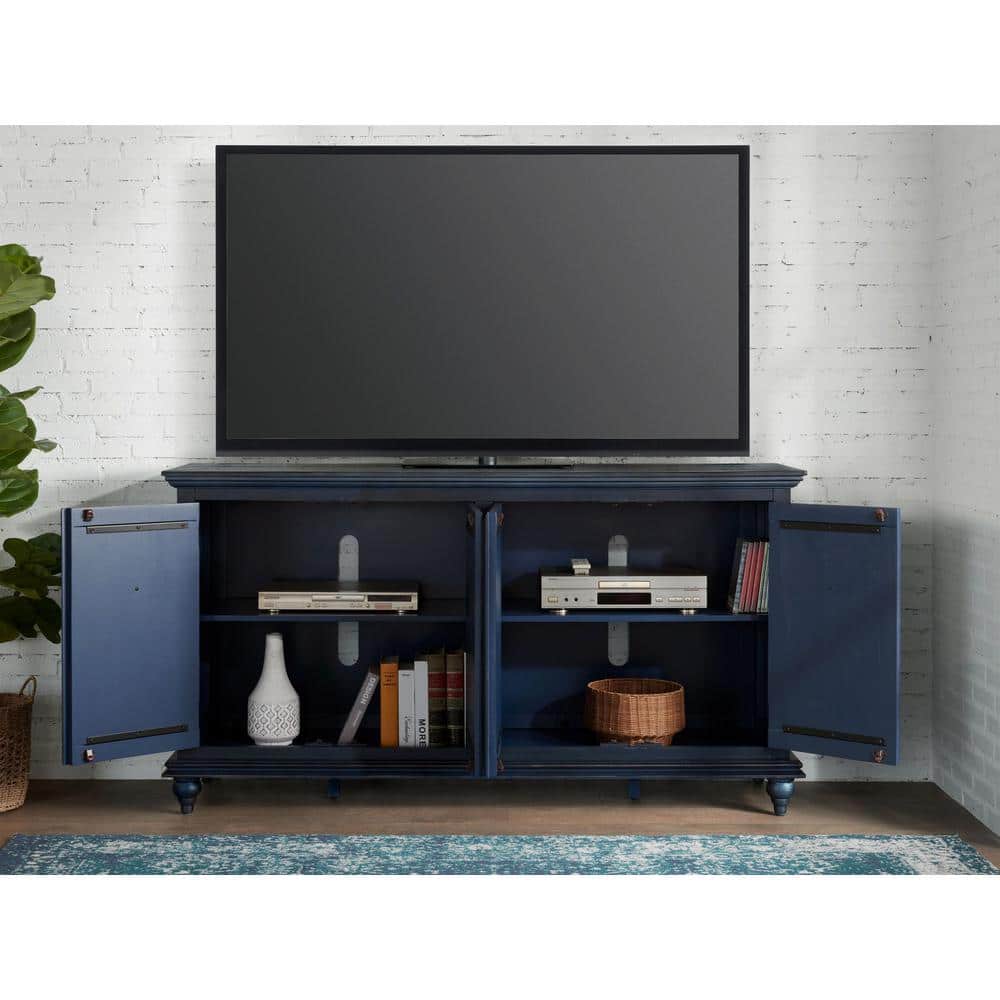 Rustic Blue 65" Solid Pine Wood TV Stand with Cabinet