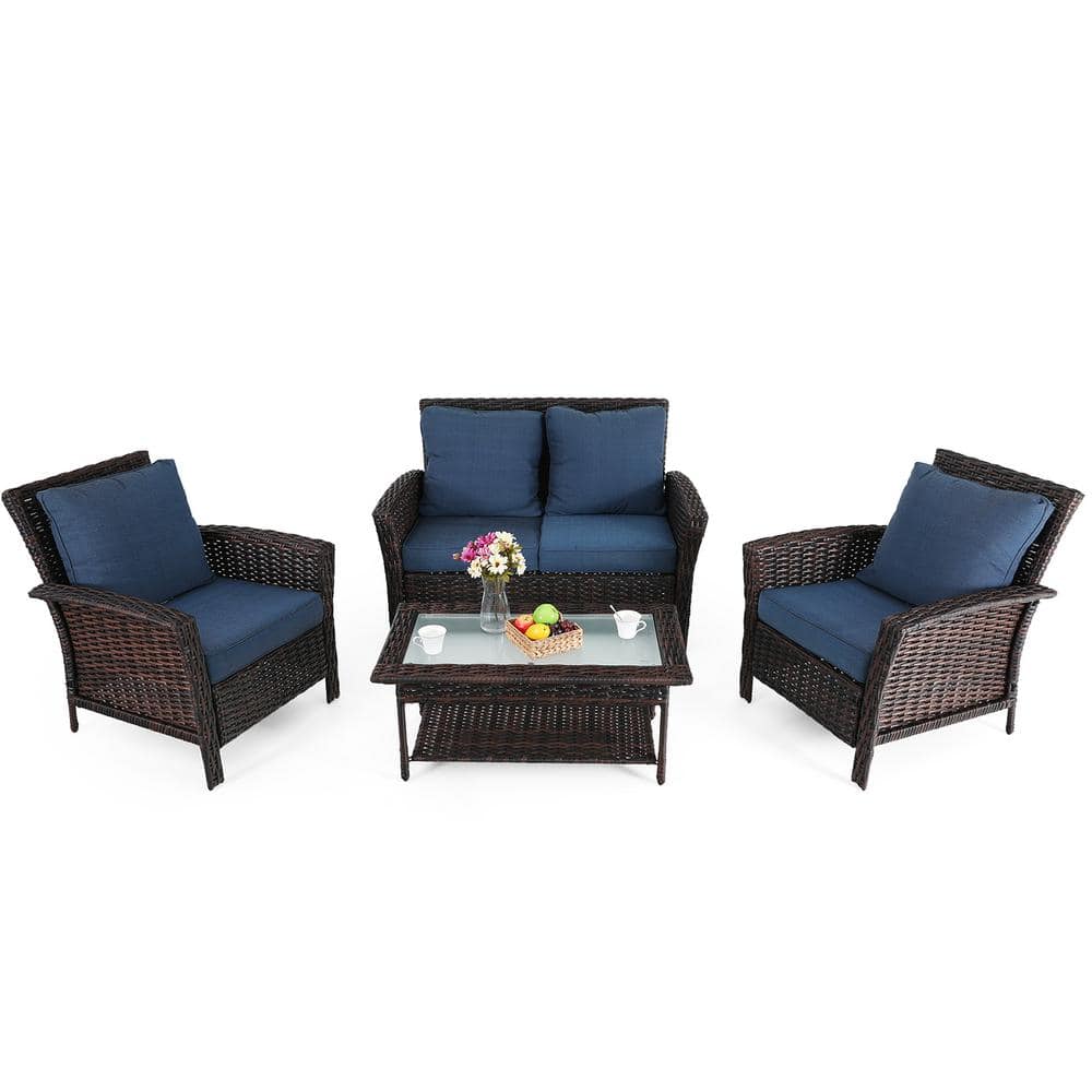 PHI VILLA Black 4-Pieces Metal Patio Conversation Sectional Seating Set with CushionGuard Blue Cushions - 2