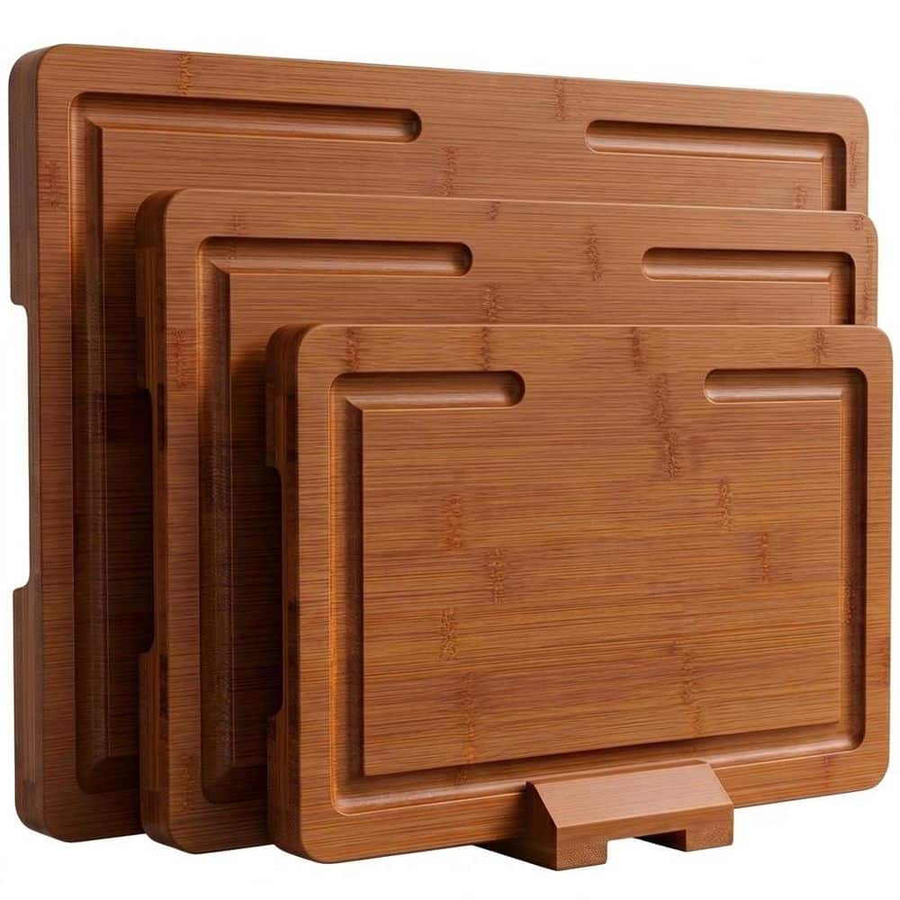 16 in Carbonized Brown Bamboo Cutting Board Set with Rack and Built-In Groove for Prep price history on PriceWatchPro