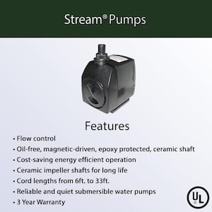 Stream Pump 900 GPH with 33 ft. Cord for Ponds, Fountains, and Waterfalls