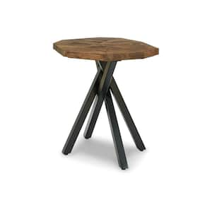 22.25 in. Brown and Black Round Wood End/Side Table with Metal Frame