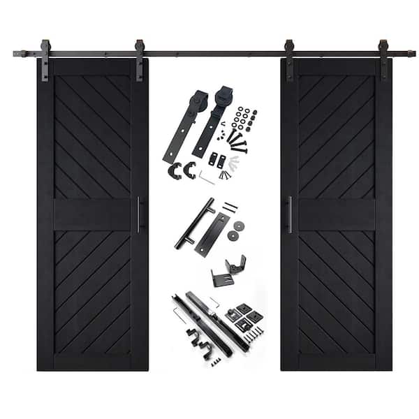XT4 30 in. x 84 in. C-Panel Black Slanted Stripe Design Double Pine Wood Sliding Barn Door with Hardware Kit