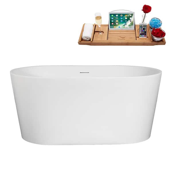 Streamline 51 in. x 28 in. Acrylic Freestanding Soaking Bathtub in Glossy White with Matte Black Drain, Bamboo Tray
