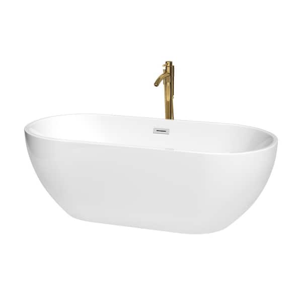 Wyndham Collection Brooklyn 67 in. Acrylic Flatbottom Bathtub in White with Polished Chrome Trim and Brushed Gold Faucet